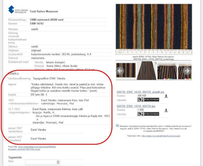 Kuvatõmmis 5. Eseme andmete detailsem vaade